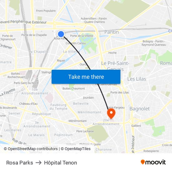 Rosa Parks to Hôpital Tenon map