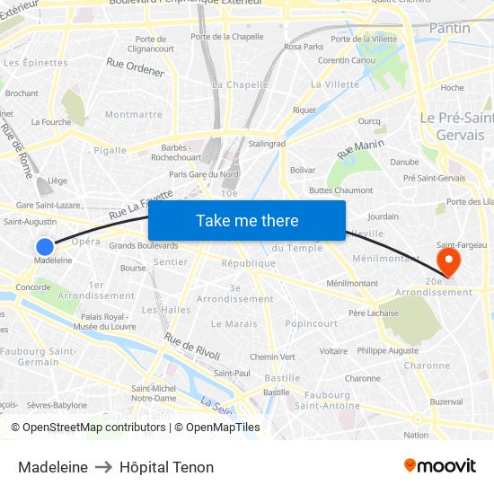 Madeleine to Hôpital Tenon map
