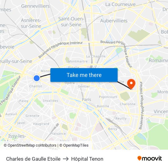 Charles de Gaulle Etoile to Hôpital Tenon map