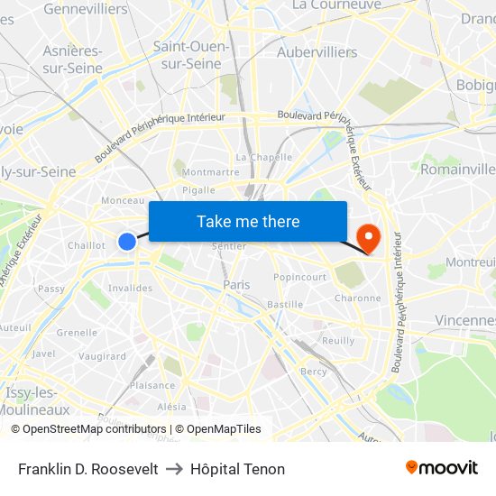 Franklin D. Roosevelt to Hôpital Tenon map