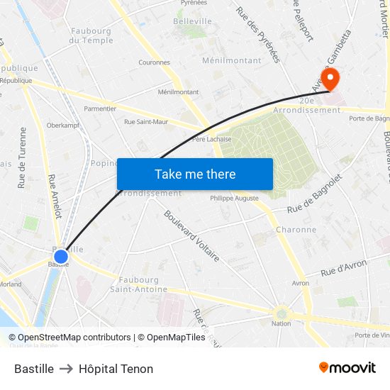 Bastille to Hôpital Tenon map
