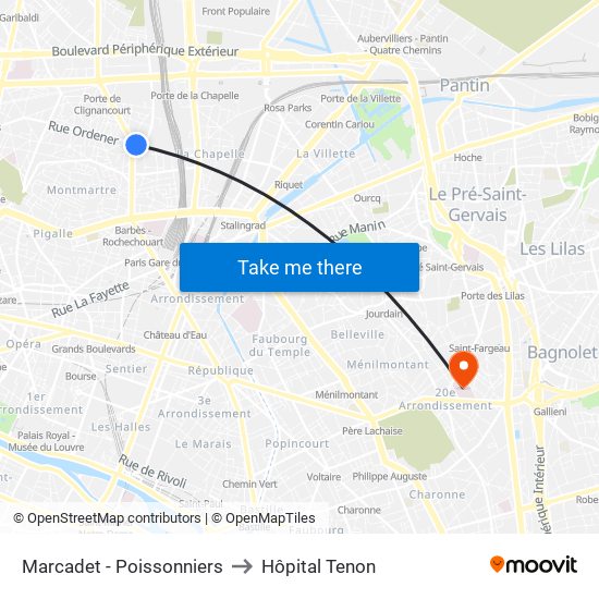 Marcadet - Poissonniers to Hôpital Tenon map