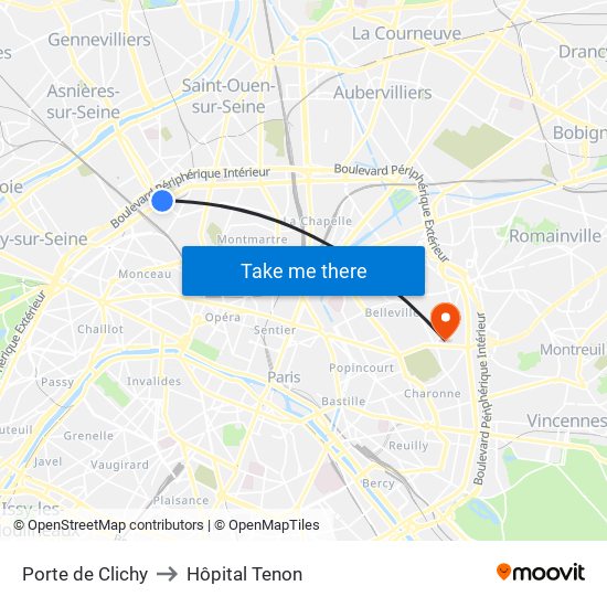 Porte de Clichy to Hôpital Tenon map