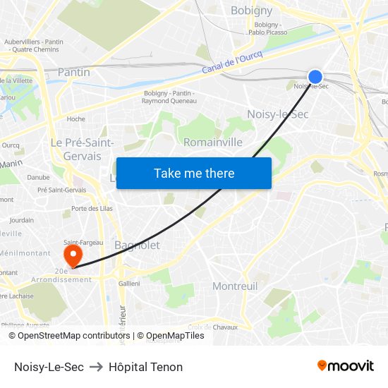 Noisy-Le-Sec to Hôpital Tenon map