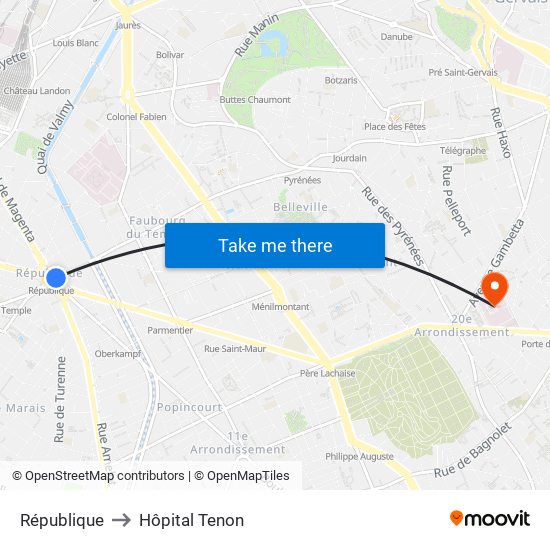 République to Hôpital Tenon map