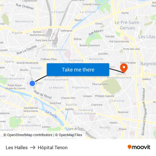 Les Halles to Hôpital Tenon map