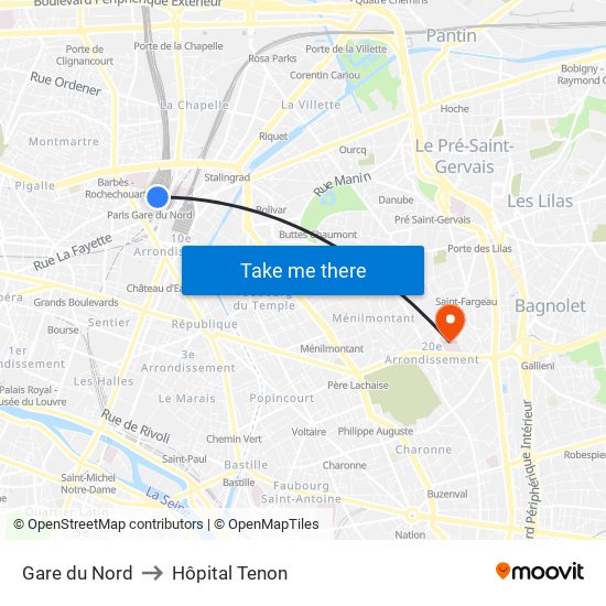 Gare du Nord to Hôpital Tenon map