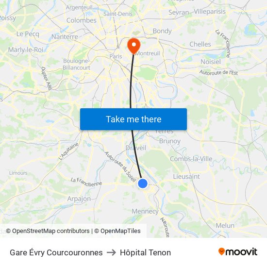 Gare Évry Courcouronnes to Hôpital Tenon map