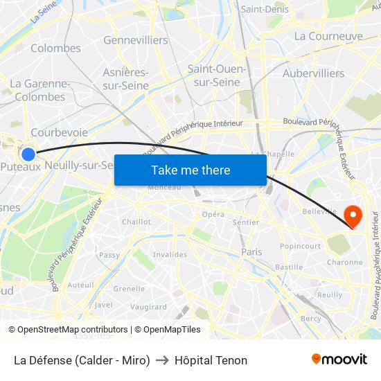 La Défense (Calder - Miro) to Hôpital Tenon map