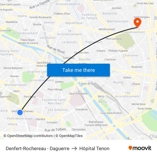 Denfert-Rochereau - Daguerre to Hôpital Tenon map