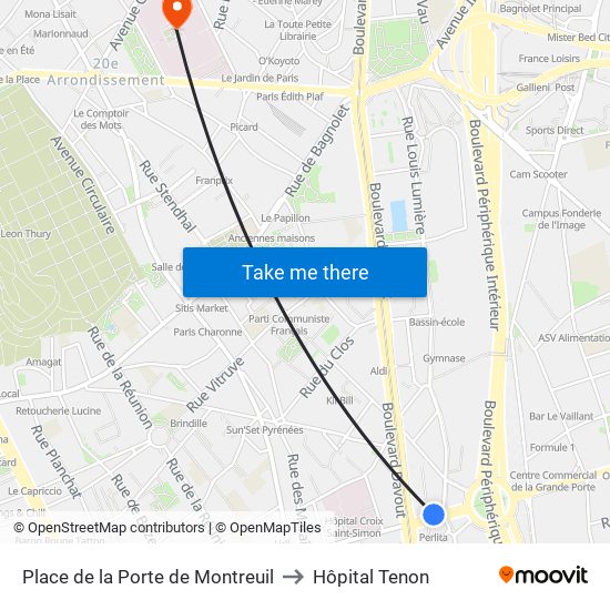 Place de la Porte de Montreuil to Hôpital Tenon map