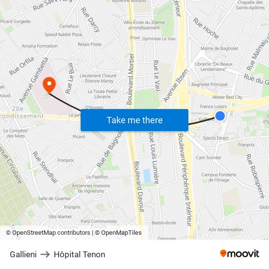 Gallieni to Hôpital Tenon map