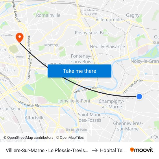 Villiers-Sur-Marne - Le Plessis-Trévise RER to Hôpital Tenon map