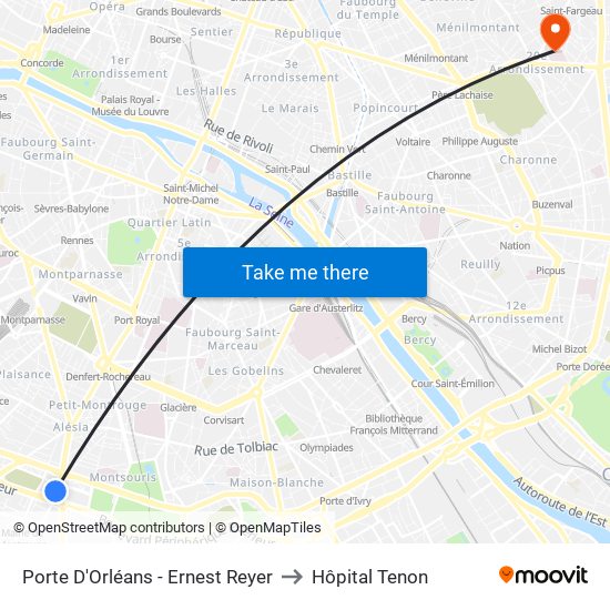 Porte D'Orléans - Ernest Reyer to Hôpital Tenon map