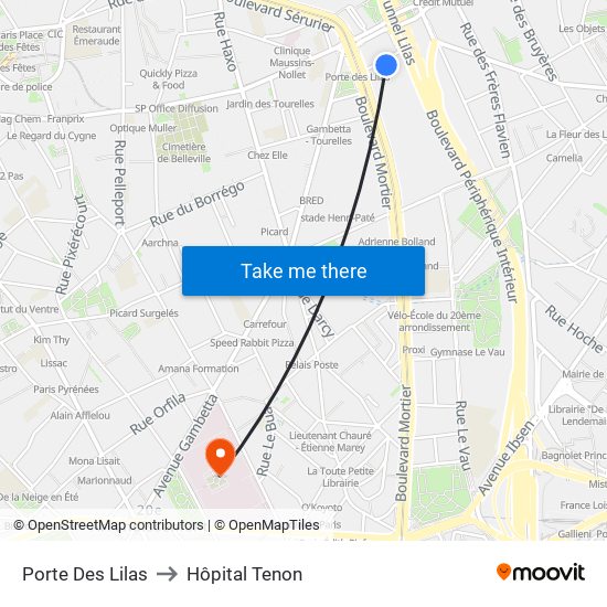 Porte Des Lilas to Hôpital Tenon map