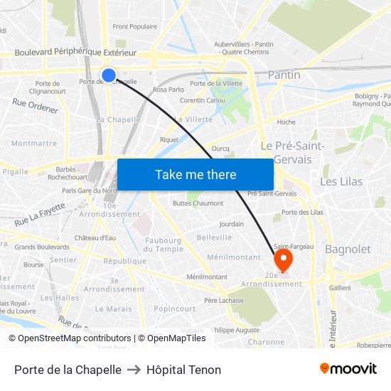 Porte de la Chapelle to Hôpital Tenon map
