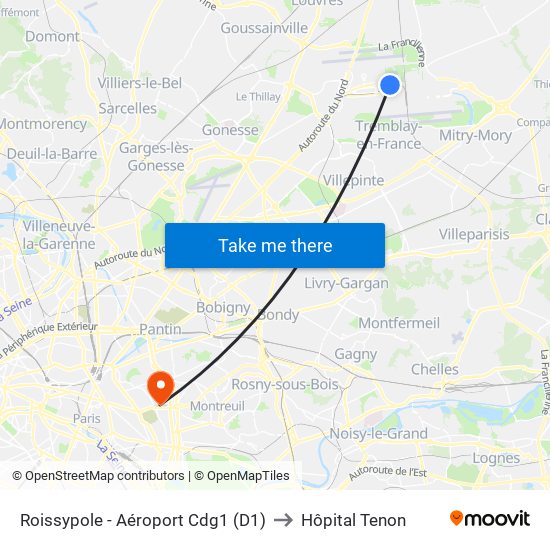 Roissypole - Aéroport Cdg1 (D1) to Hôpital Tenon map