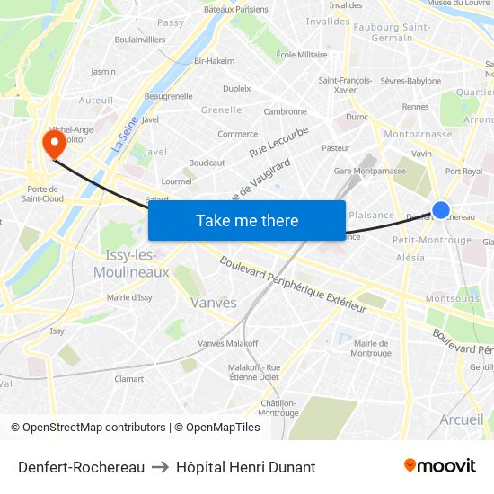 Denfert-Rochereau to Hôpital Henri Dunant map