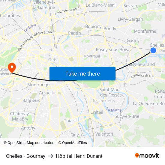Chelles - Gournay to Hôpital Henri Dunant map