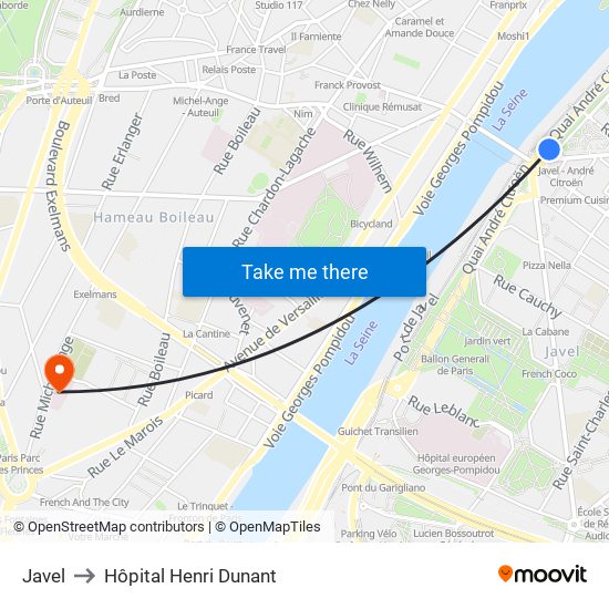 Javel to Hôpital Henri Dunant map