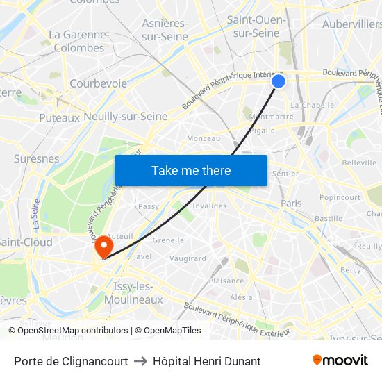 Porte de Clignancourt to Hôpital Henri Dunant map