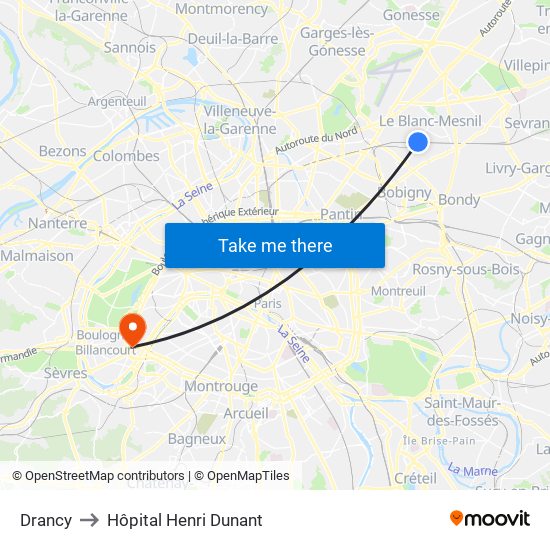 Drancy to Hôpital Henri Dunant map