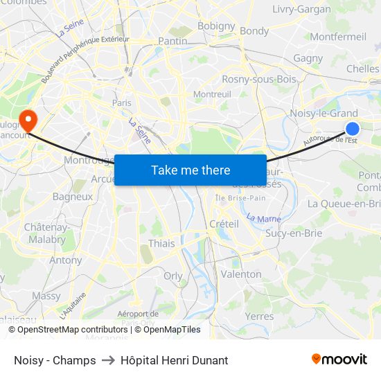 Noisy - Champs to Hôpital Henri Dunant map