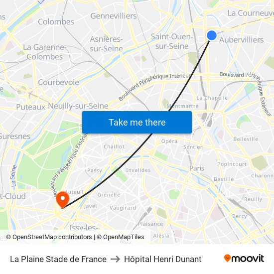 La Plaine Stade de France to Hôpital Henri Dunant map