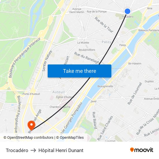 Trocadéro to Hôpital Henri Dunant map