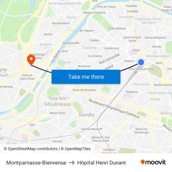 Montparnasse-Bienvenue to Hôpital Henri Dunant map