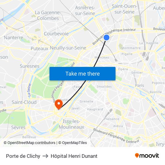 Porte de Clichy to Hôpital Henri Dunant map