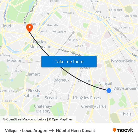 Villejuif - Louis Aragon to Hôpital Henri Dunant map