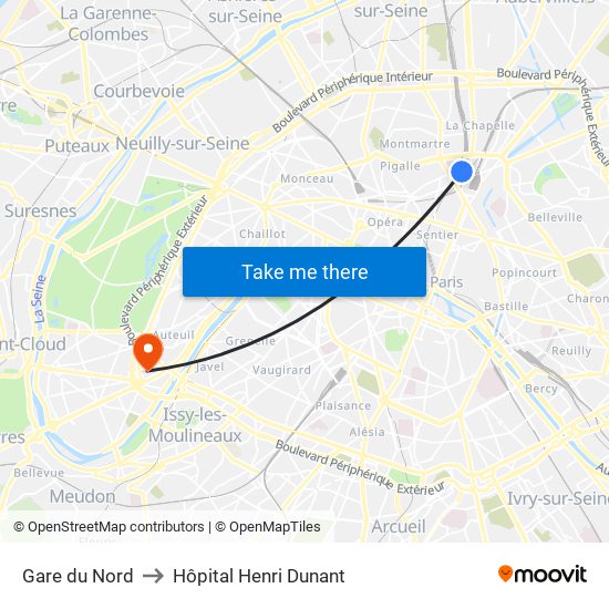 Gare du Nord to Hôpital Henri Dunant map