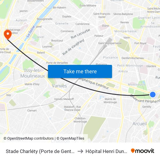 Stade Charléty (Porte de Gentilly) to Hôpital Henri Dunant map