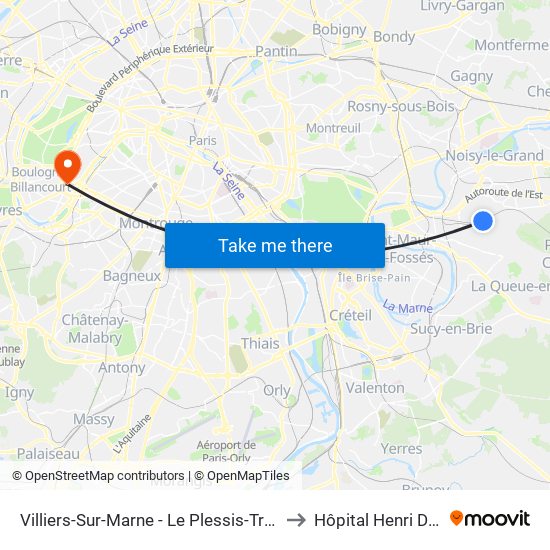 Villiers-Sur-Marne - Le Plessis-Trévise RER to Hôpital Henri Dunant map