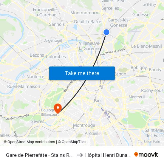 Gare de Pierrefitte - Stains RER to Hôpital Henri Dunant map
