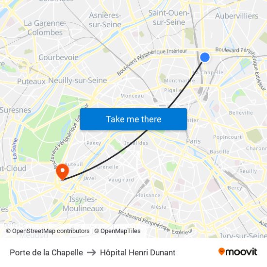Porte de la Chapelle to Hôpital Henri Dunant map