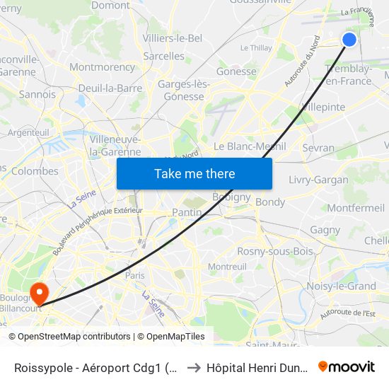 Roissypole - Aéroport Cdg1 (D1) to Hôpital Henri Dunant map