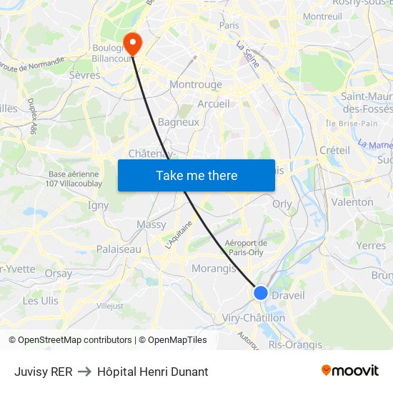 Juvisy RER to Hôpital Henri Dunant map