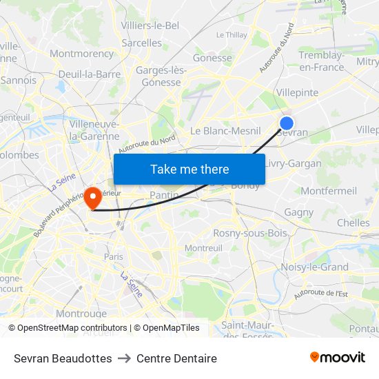 Sevran Beaudottes to Centre Dentaire map