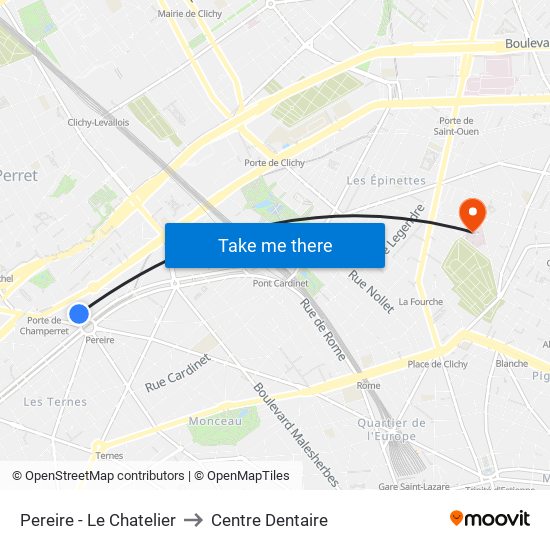 Pereire - Le Chatelier to Centre Dentaire map