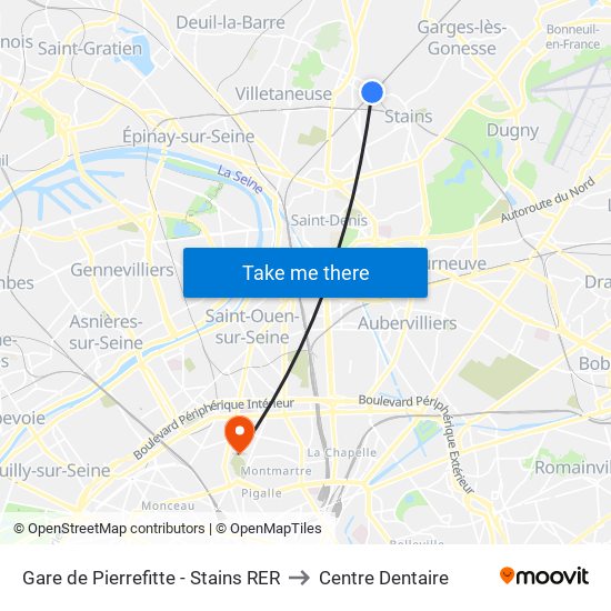 Gare de Pierrefitte - Stains RER to Centre Dentaire map