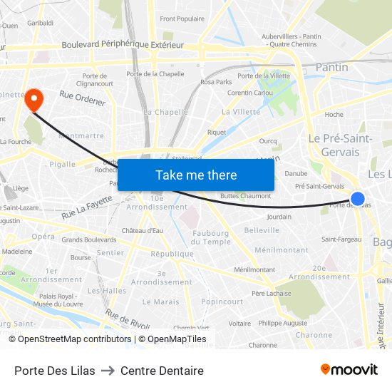 Porte Des Lilas to Centre Dentaire map