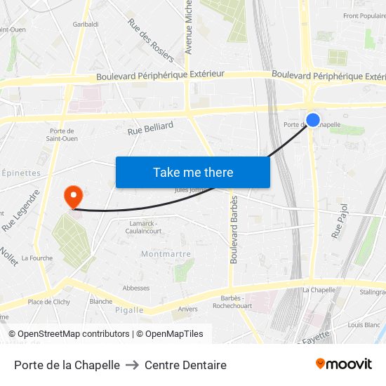 Porte de la Chapelle to Centre Dentaire map