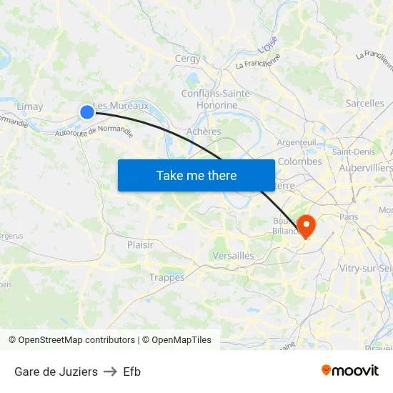 Gare de Juziers to Efb map