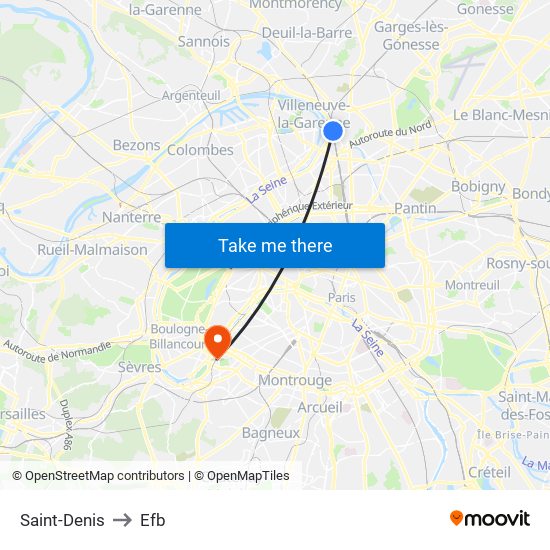 Saint-Denis to Efb map