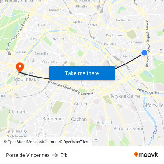 Porte de Vincennes to Efb map