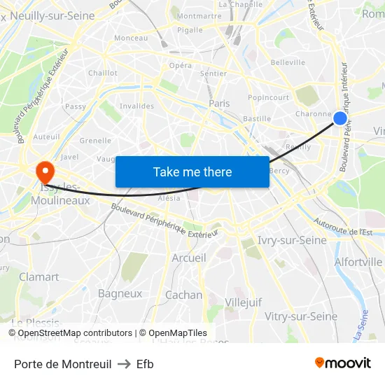 Porte de Montreuil to Efb map