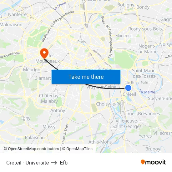 Créteil - Université to Efb map