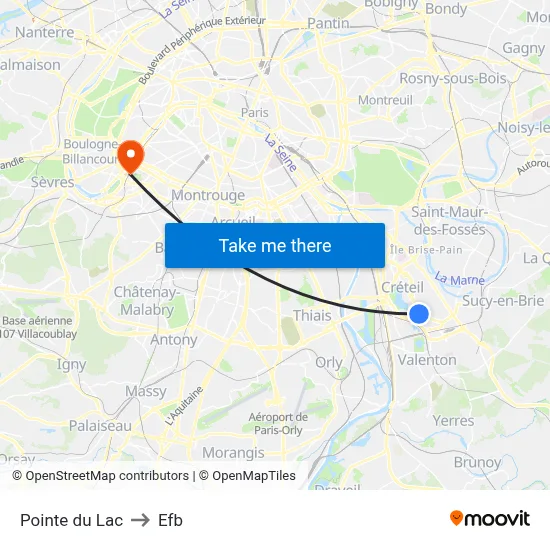 Pointe du Lac to Efb map